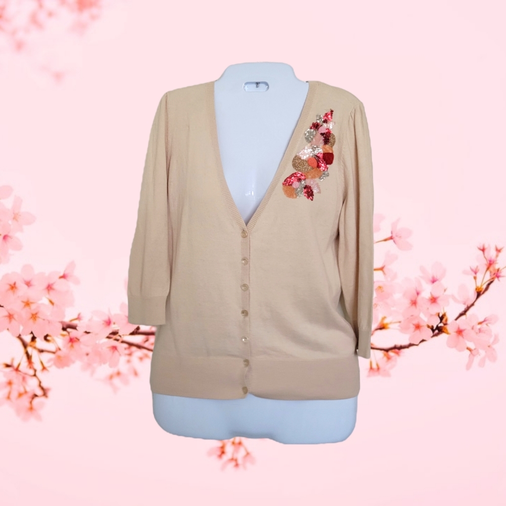 Halogen | Beige Sequin Embellished 3/4 Sleeve Floral Appliques Cardigan